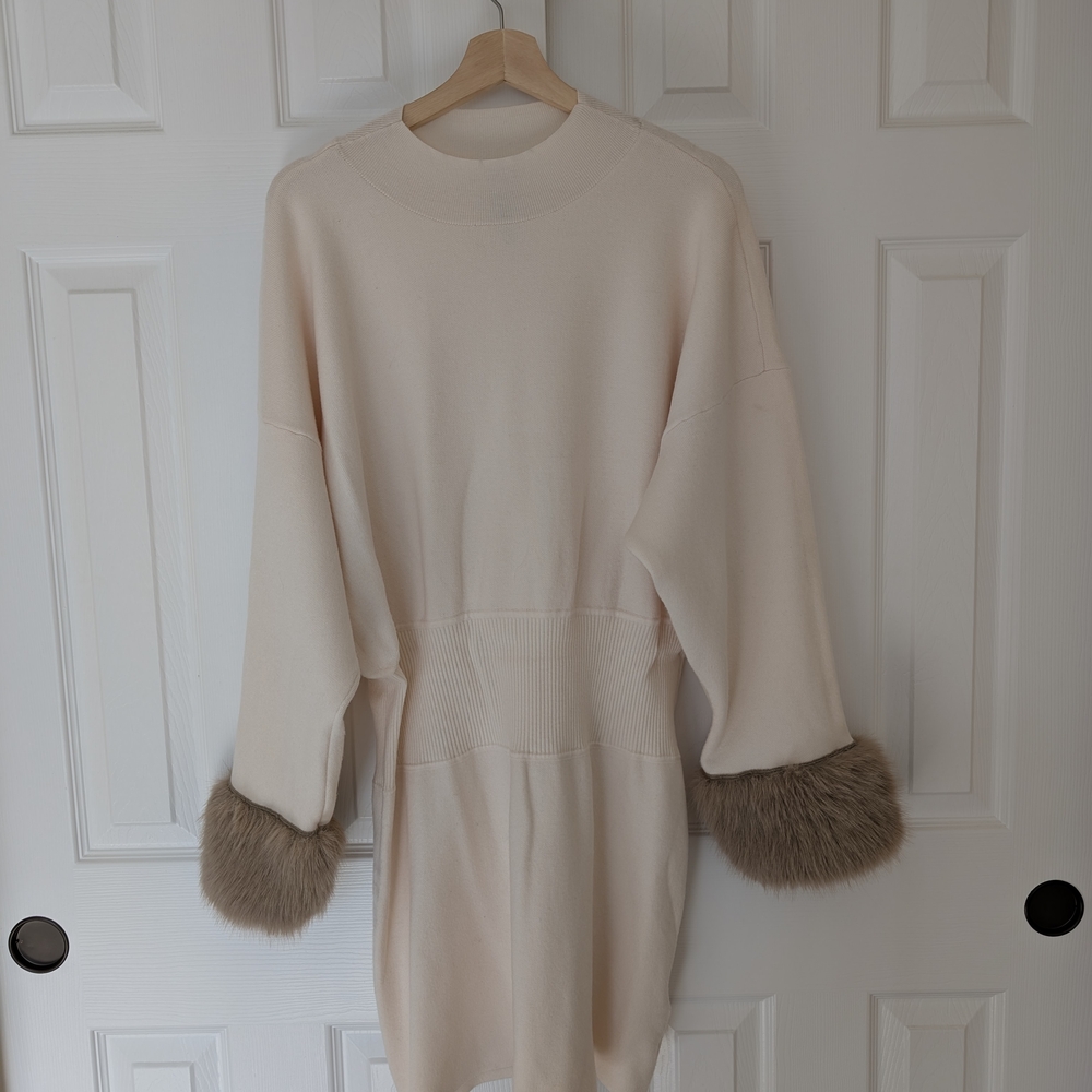 Anthropologie long-sleeve faux fur trim cuffs mini dress, cream, size 1X - Picture 4 of 10
